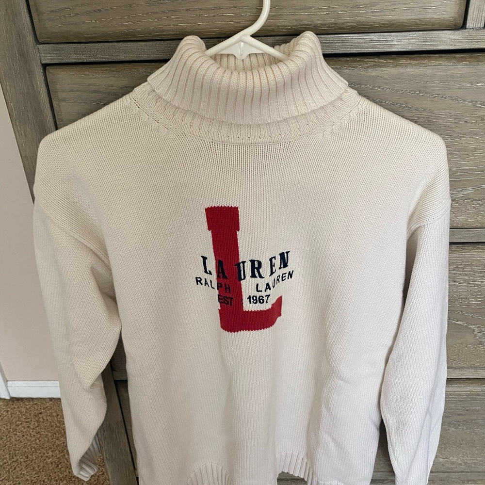 Ralph Lauren Cream Turtleneck Vintage Sweater with Red Logo